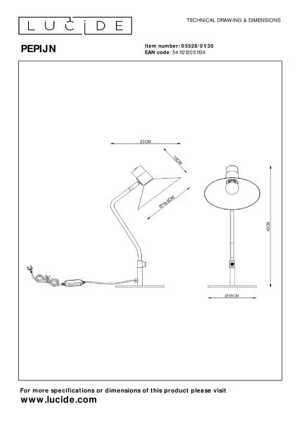 Lucide PEPIJN - Lampe de bureau - 1xE14 - Noir - technique
